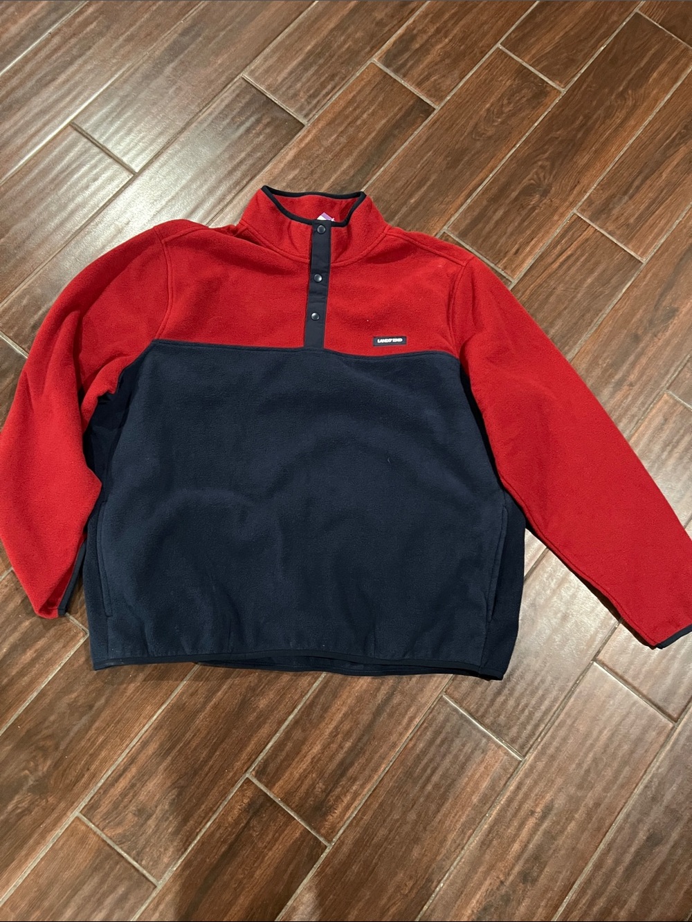 Lands' End Red and Black Colorblock Snap Pullover Fleece
